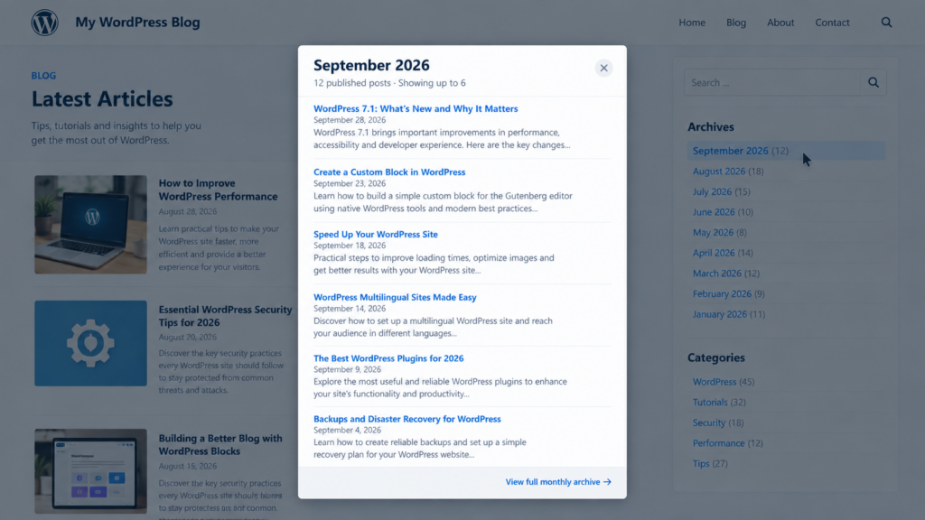 WordPress Archives widget opening a centered post preview when a monthly archive link is hovered